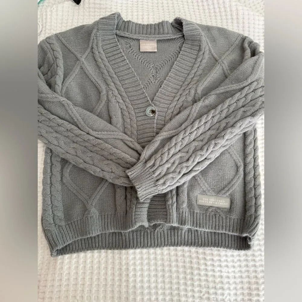 New Taylor Swift Tortured Poet Society Gray Cable Knit Cardigan Sweater